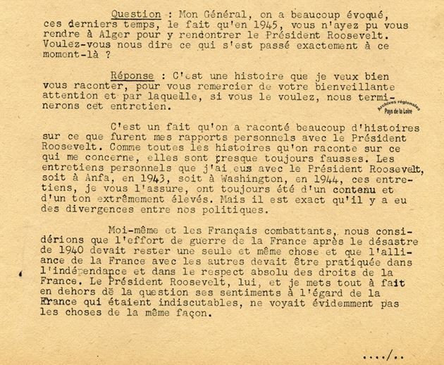Extrait du texte dactylographié de la conférence de presse du général De Gaulle de novembre 1947 (Archives Olivier Guichard). ©Archives régionales Pays de la Loire