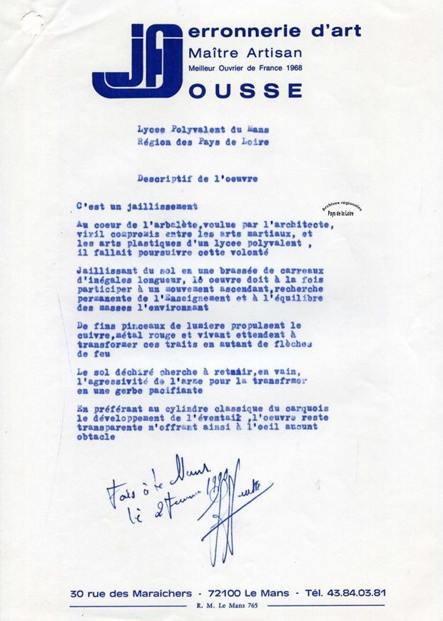 Descriptif de l’œuvre réalisée par le ferronnier d’art Jousse pour le lycée Marguerite Yourcenar du Mans (1990).